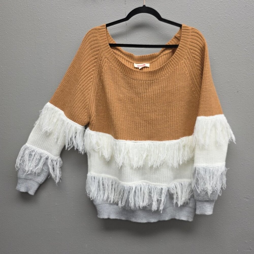 Mazik Sweater Womens Large Multicolor Fringe Stripe Knit Scoop Neck Pullover